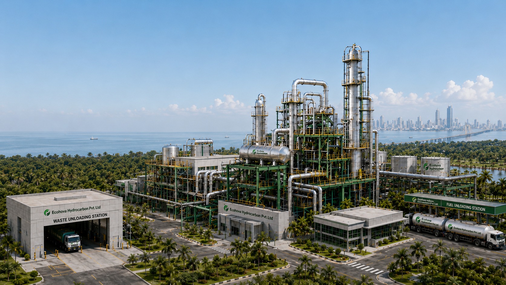 EcoNova municipal waste-to-clean-fuels facility beside the Mumbai coastline